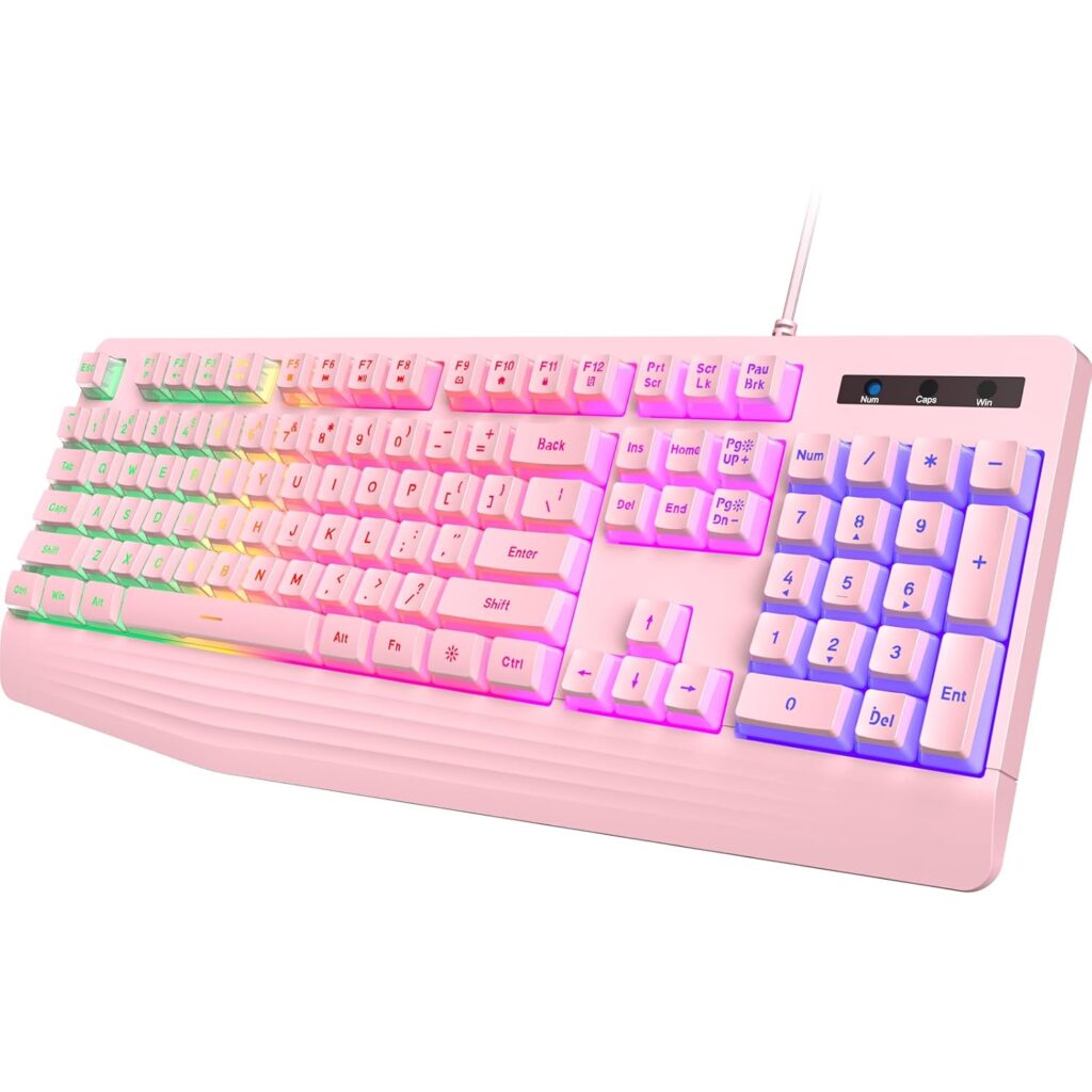 Pink Gaming Keyboard - Rainbow LED Backlit - Quiet 104 Keys - PBT Keycaps - Wrist Rest - Multimedia Keys - Whisper Silent - Anti-ghosting - Waterproof - USB Wired Keyboard for PC Mac Xbox