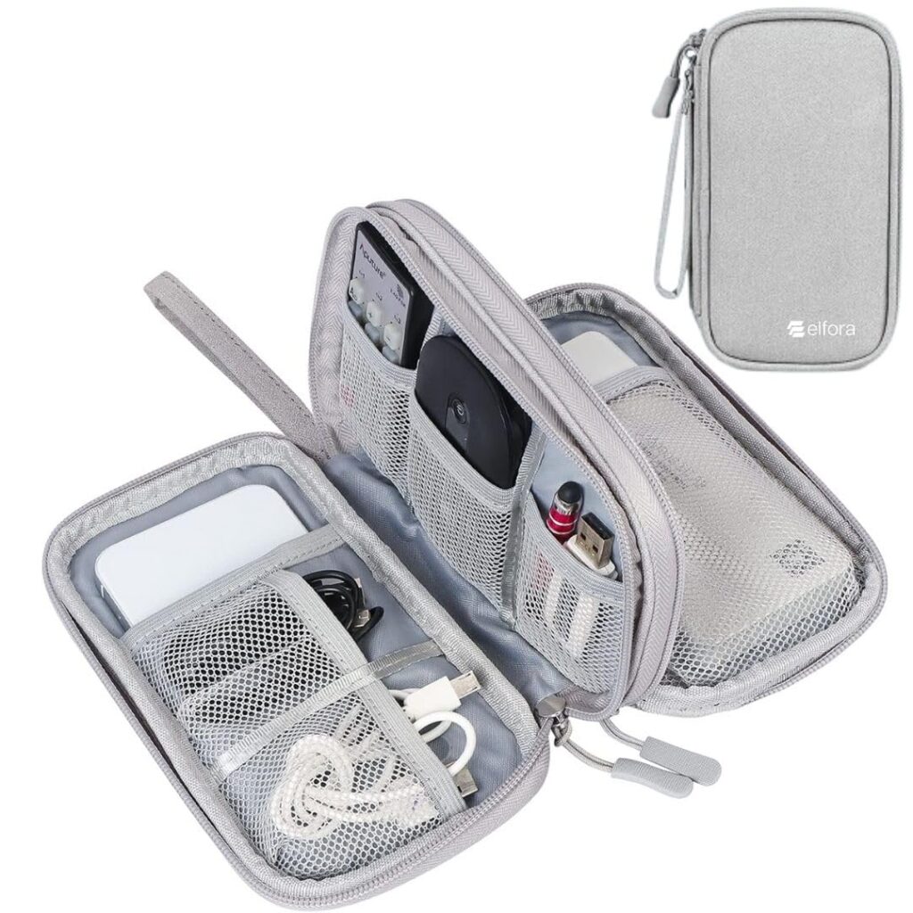 Elfora Cable Organizer Bag | Double Layer Travel Pouch for USB Cables, Chargers, Power Banks, AirPods & Accessories | Durable and Water Resistant Nylon Case with Mesh Pockets & Carry Strap (Grey)