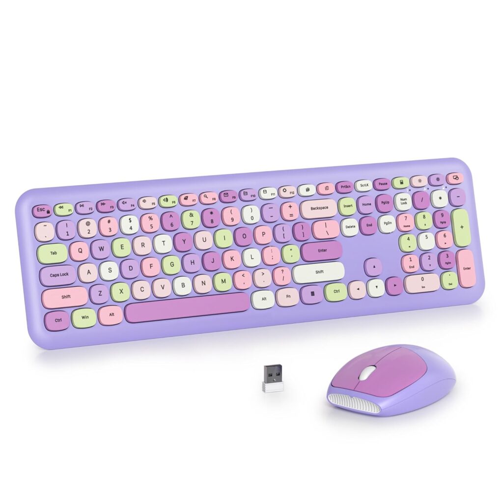 Purple Colorful Wireless Keyboard and Mouse Combo Set, 2.4GHz Retro Typewriter Keyboard, Full Size Cute Keyboard with Number Pad, Home and Office Silent Keyboards (Purple)
