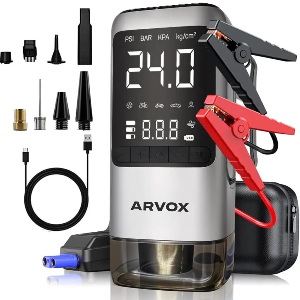 ARVOX 6 in 1 Tyre Inflator for Car,Bike with Car Battery Jump Starter,Vaccum Cleaner & Power Bank,3X Faster Inflation Air Inflator Pump 10,000 mAH Grey, 23 Liters Per Minute