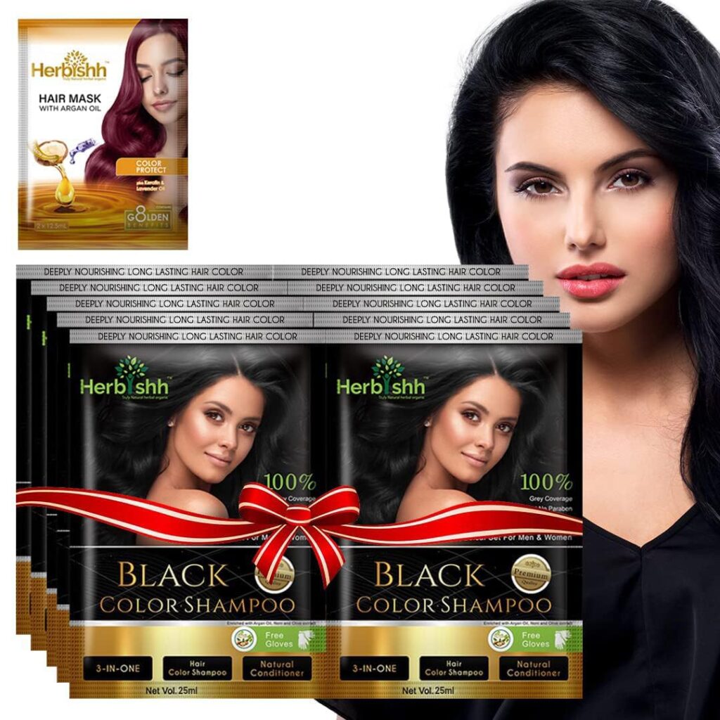 Herbishh Black Hair Dye Shampoo (25ml x 10 Sachets) - Hair Colour Shampoo for Men & Women - 100% Grey Coverage - Instant Hair Color Shampoo - Travel Friendly Sachet - 3-in-1 Formula
