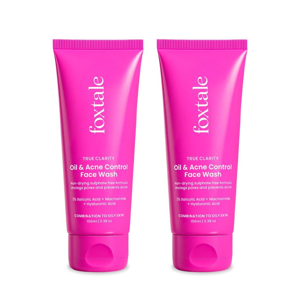 Foxtale Oil and Acne Control Face Wash | 2% Salicylic Acid + Niacinamide + Cica + Hyaluronic Acid | Fights Acne, Fades Marks, Controls Oil, Soothes Skin | Non-Drying Cleanser for Oily Skin (2 x 100ml)