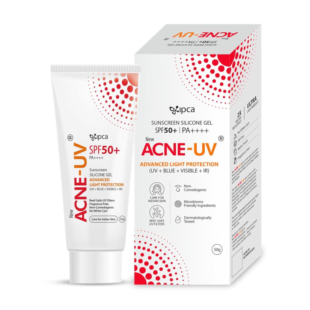 IPCA New ACNE-UV Sunscreen SPF50+ PA++++ | 50g Oil Free, Non Comedogenic Silicone Gel Sunscreen SPF 50 | UVA/UVB Protection | Water Resistant | No White Cast | Suitable for All Skin Types