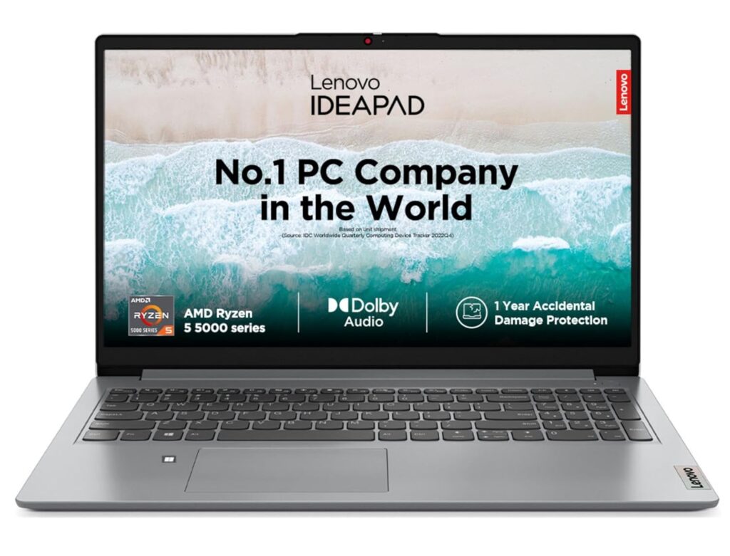 Lenovo IdeaPad 1 AMD Ryzen 5 5500U 15.6" HD Thin and Light Laptop (8GB RAM/512GB SSD/Windows 11 Home/Office Home 2024/1 Year ADP Free/Grey/1.6Kg), 82R4011MIN