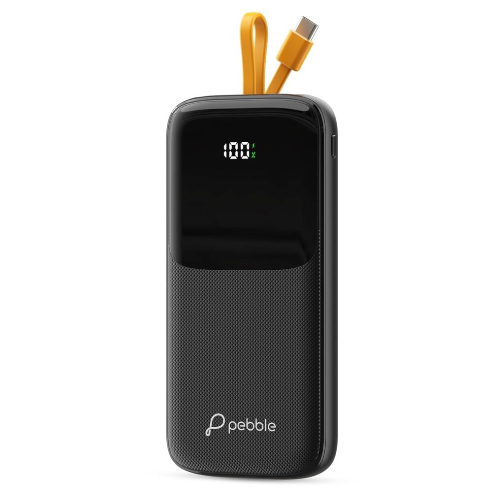 Pebble Rapid Electra10 Power Bank, 10000mAh, 22.5W Ultra Fast Charging, Digital Display, Built-in Cable, Type-C & USB-A Ports (Black)
