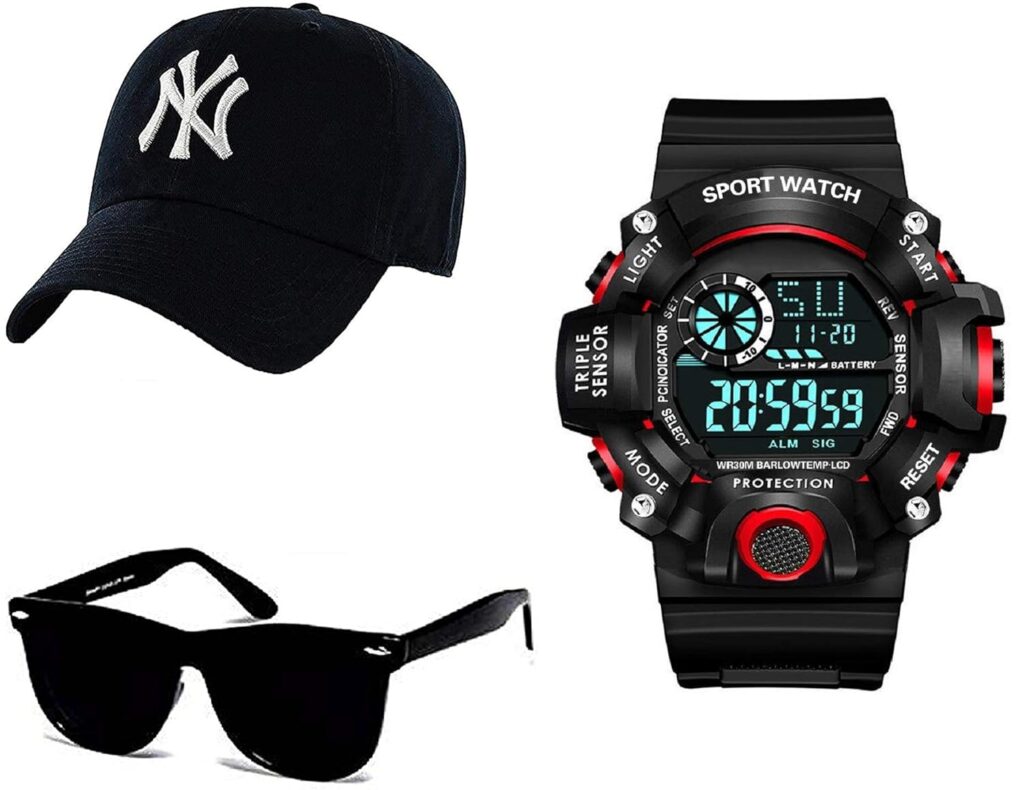 SELLORIA Men Black Dial Digital Watch with Black Sunglass with Baseball Cap