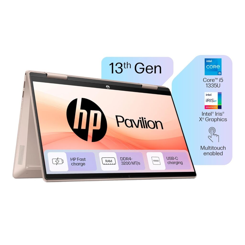 HP Pavilion x360, 13th Gen Intel Core i5-1355U (16GB DDR4, 1TB SSD),Touchscreen,IPS, 14''(35.6cm) FHD,Win 11, M365 Basic(1yr), Office Home 24, Rose Gold,1.5kg, Iris Xe, Backlit, 5MP Camera, ek1151TU