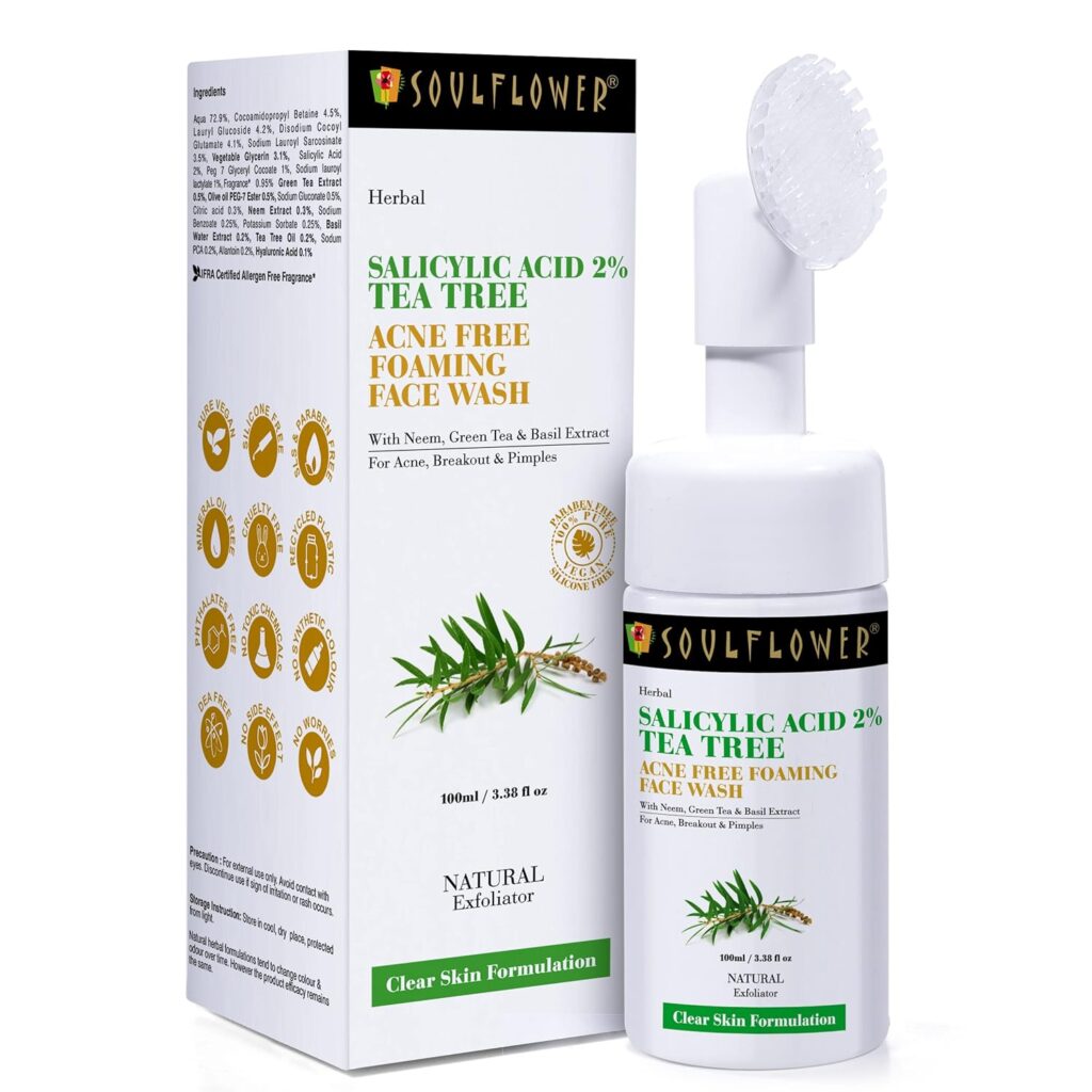 Soulflower Salicylic Acid Foaming Face Wash for Anti Acne & Pimples, Deep Cleansing, Face Cleanser with Tea Tree, Neem, Green Tea & Basil| Men & Women | Sulphate Free |100ml