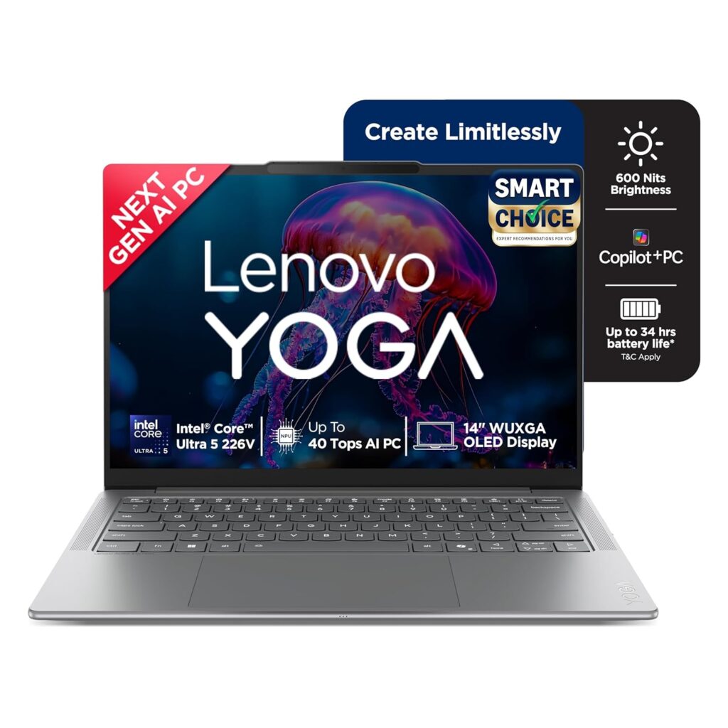 Lenovo Yoga Slim 7 (Smartchoice) Aura Edition Intel Core Ultra 5 226V,Copilot+ AI PC(16GB RAM/1TB SSD/14(35.5cm)/WUXGA OLED/40 Tops/Windows 11/Office Home 2024/Grey/1.19Kg), 83JX005FIN AI Laptop