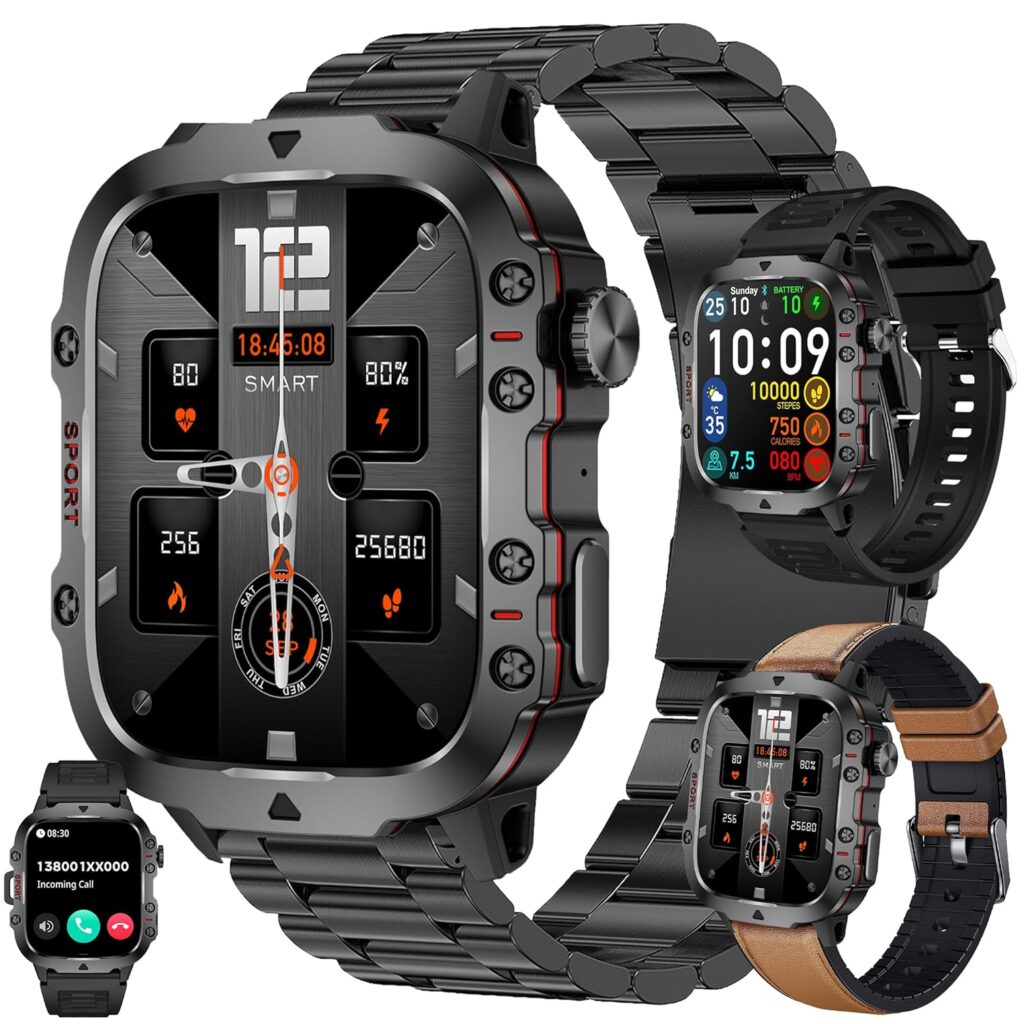 1.96" AMOLED Smart Watch for Men (Make/Answer Call), 2024 New Mens Smartwatches, Hands-Free Calling, Fitness Tracker Smartwatch for Android iPhones, Digital Watches Step Counter, 3 Straps (Brown)