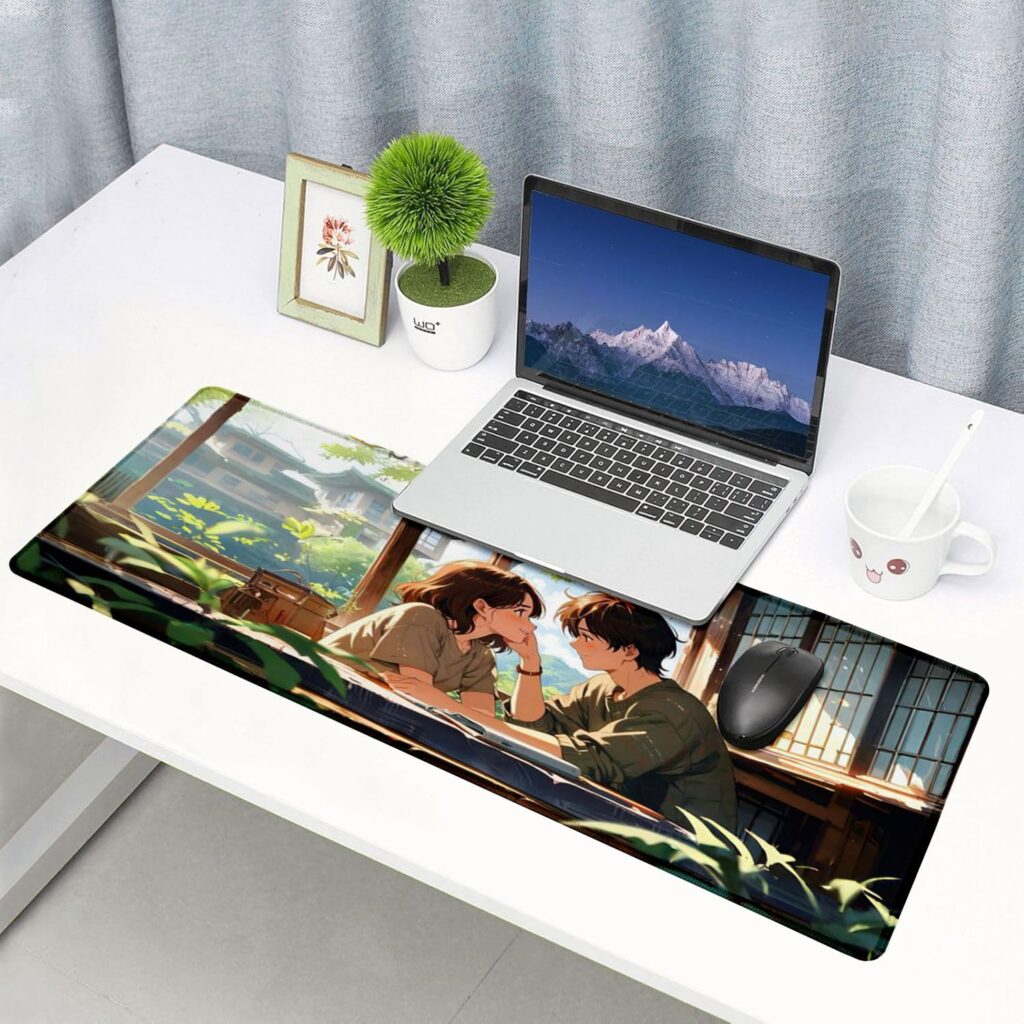 Large Gaming Desk Mat, Anime Scene Design, Non-Slip Rubber Base, 90x42 cm, Heat and Water Resistant, Stitched Edges, Black
