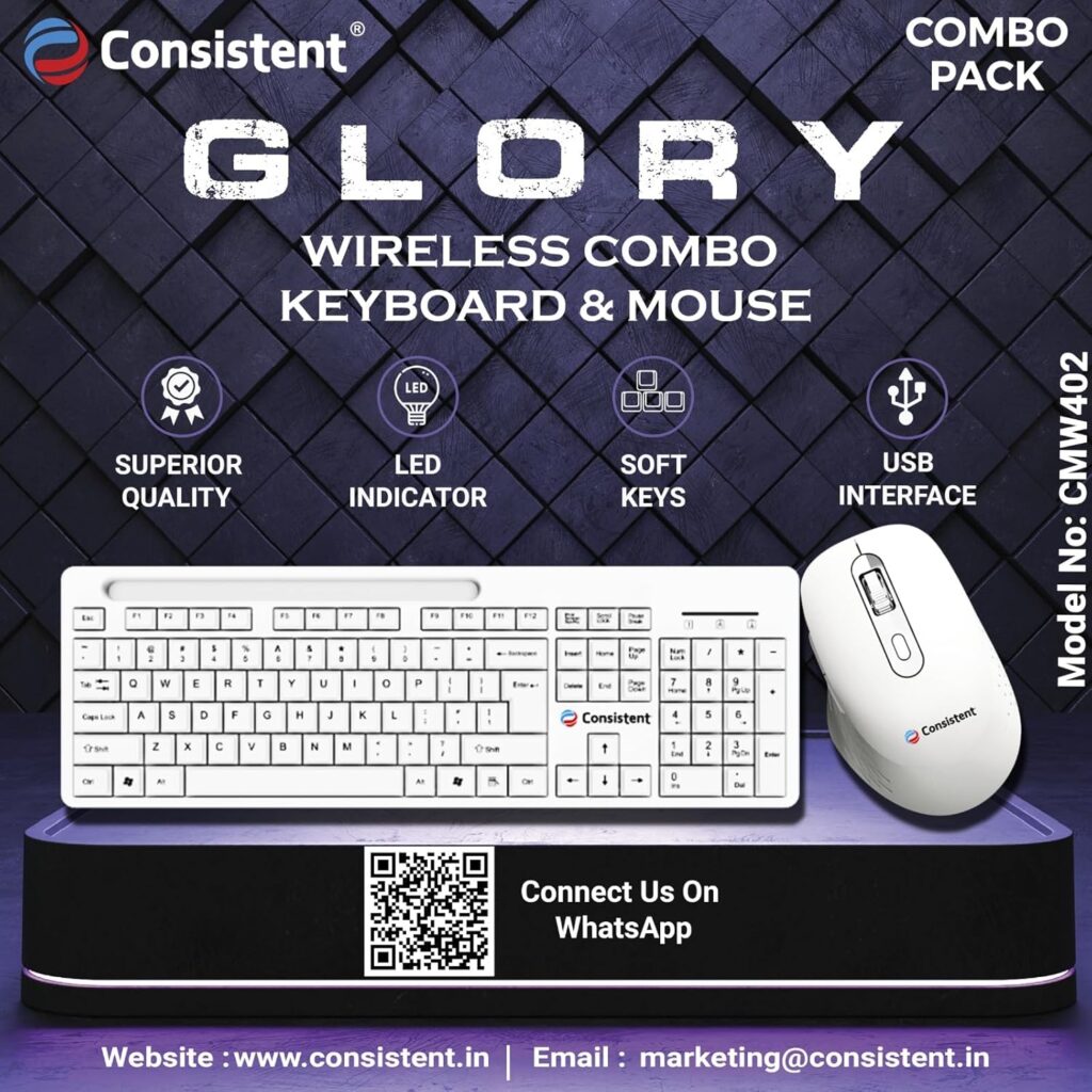 Consistent Glory Wireless Keyboard with Mouse (CMW402) with 2.4 GHz USB Receiver, 10m Working Range, 12 Shortcut Keys, Adjustable DPI(White)