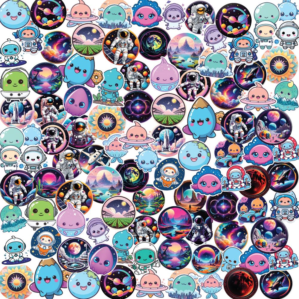 Space Sticker Bundle 2 Sheets, 42 Waterproof Vinyl Stickers for Laptop, Luggage, Bike, Scrapbook, Journal Galaxy, Astronaut & Planet Theme for Kids & Adults-Self-Adhesive