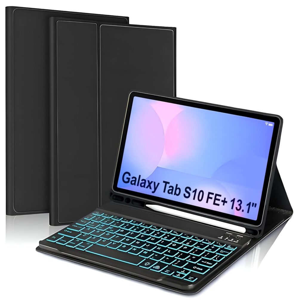 ProElite Keyboard case for Samsung Galaxy Tab S10 FE Plus 13.1 inch with S Pen Holder, Magnetic Detachable Wireless Bluetooth Keyboard Case Built-in 7-Colors Backlit, Black