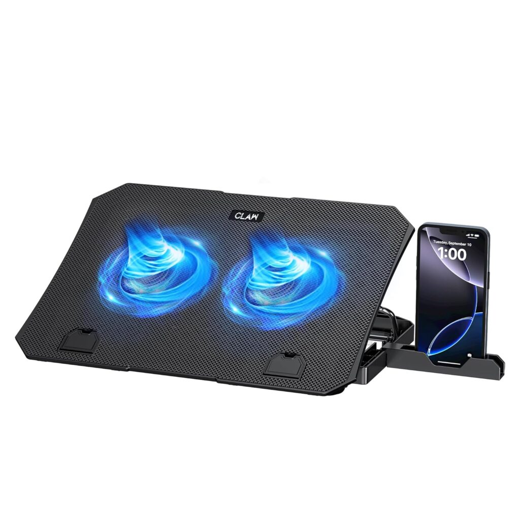 CLAW Air Pro C39 Laptop Cooling Pad with Dual 125mm Fans (1000 RPM), Mobile Stand, Anti-Slip Baffle, 5 Height Levels, 2 USB 2.0 Ports, Supports Up to 17-Inch Laptops – Black