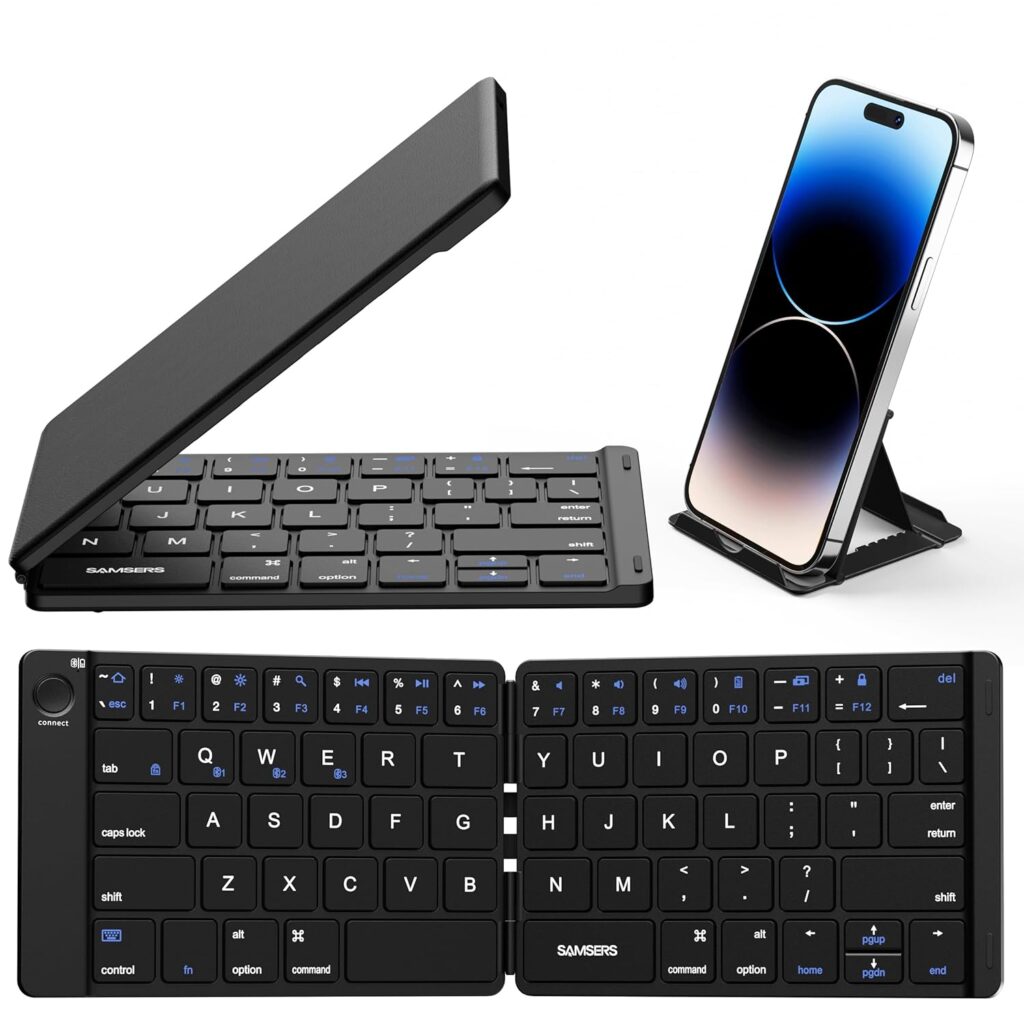 Samsers Bluetooth Foldable Keyboard, Wireless Portable Folding Keyboard, Full-Size Ultra-Slim Rechargeable, Multi-Device (3 Devices), Black