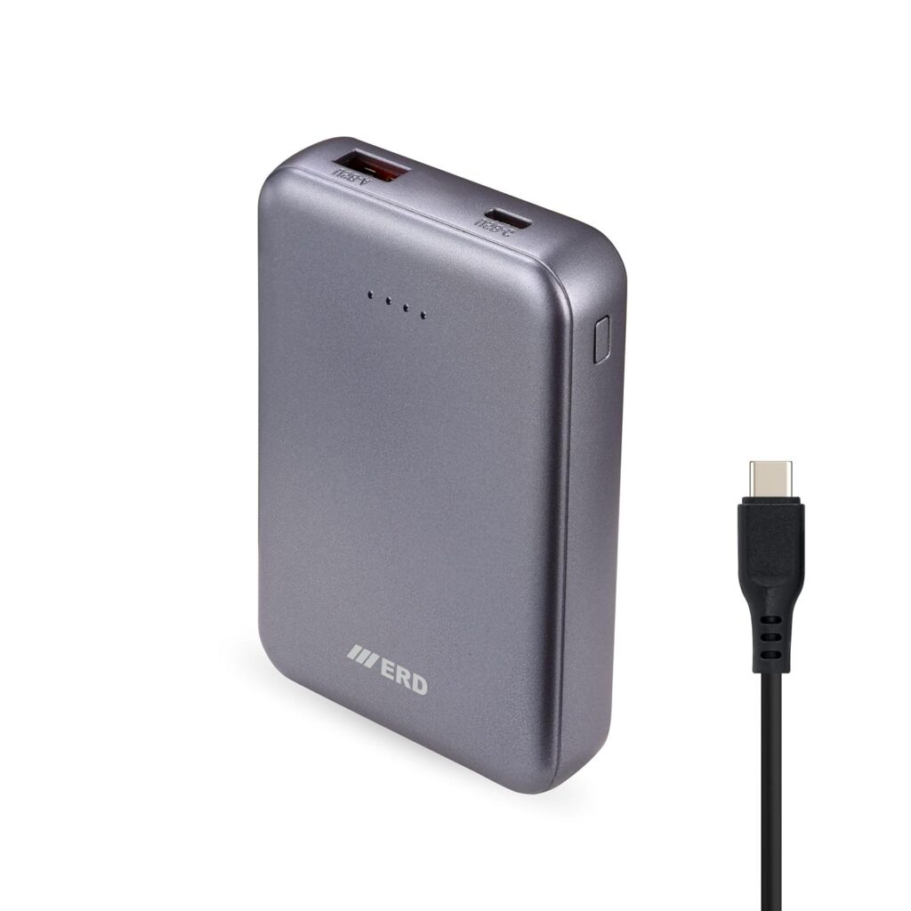 ERD PB 160 Lithium-Polymer, 2 USB Output, 25W Power Bank, 10000mAh Type-C and Micro USB-A Input Ports, 4 LED Indications, Compatible with Smartphones, Neckbands with Data Cable, Metallic Grey