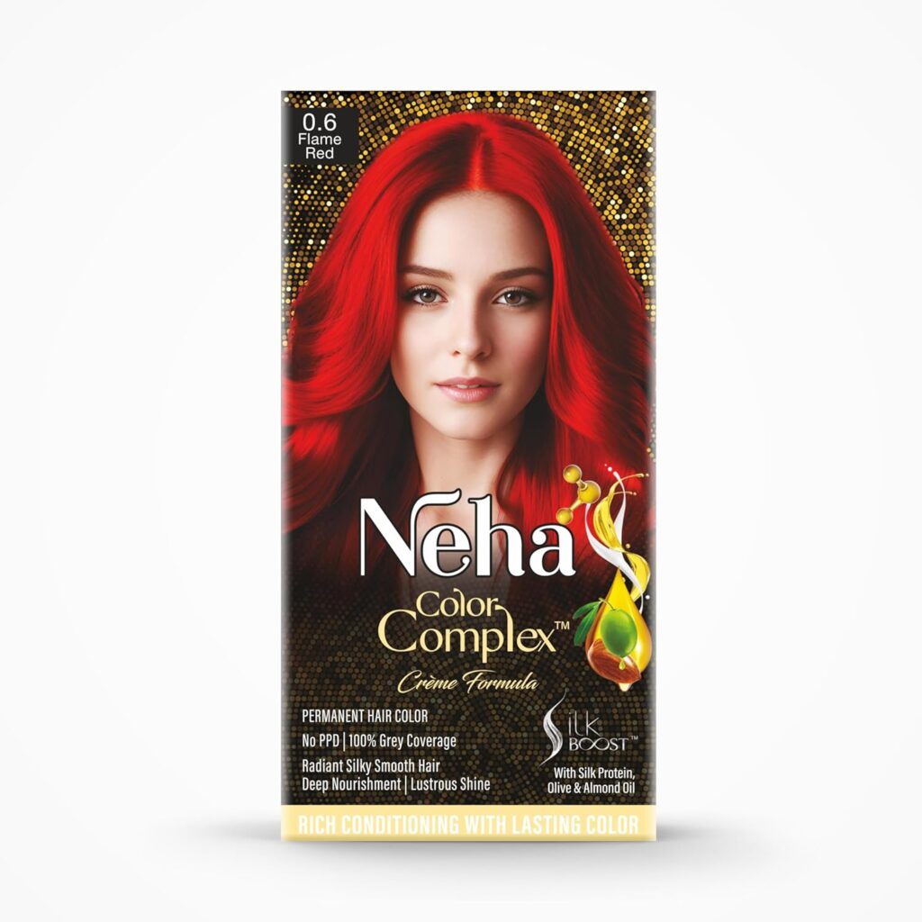 Neha Color Complex Permanent Hair Colour, Flame Red, No PPD, enriched with Silk Protein and Natural Oils, Colorant 60ml+ Developer 60g, Conditioner Sachet (6ml X 2)