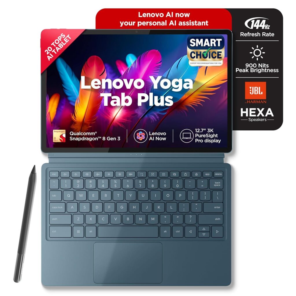 Lenovo Yoga Tab Plus Smartchoice AI Tablet with Pen + Keyboard |12.7" Display, 3K Resolution, 144 Hz|16GB RAM, 512GB ROM|Snapdragon 8 Gen 3|10200 mAh|6 Speakers|USB 3.0 with DP-Out|1Year ADP Free|Teal