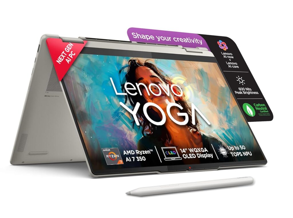 Lenovo Yoga 7 2-in-1 AMD Ryzen AI 7 350 (24GB RAM/1TB SSD/14 (35.5cm)/WUXGA OLED/50 Tops NPU/Copilot+ PC/Windows 11/Office Home 2024/Yoga Pen/1Yr ADP/Seashell/1.38Kg), 83JR001EIN Convertible Laptop