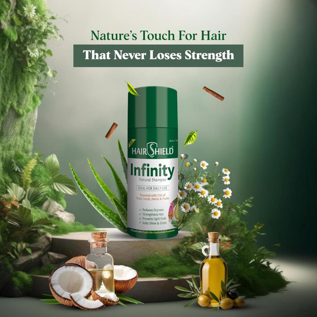 Hairshield Infinity Natural Shampoo | 30ml + FREE 3ml Hair Oil Sachet | Infused with Olive, Argan, Chamomile, Aloe Vera & Macadamia Oils | pH 5.5 | Paraben-Free | Pack of 2