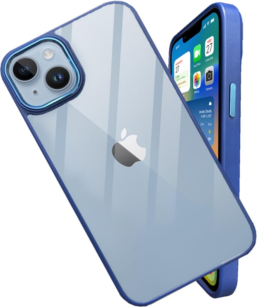 A rtistque Metal Clear Back Cover Case for iPhone 14 Plus |Sleek Hard Crystal ClearBack | Drop & Camera Protection | Shockproof Mobile Case for iPhone 14 Plus (PC & TPU - Blue)