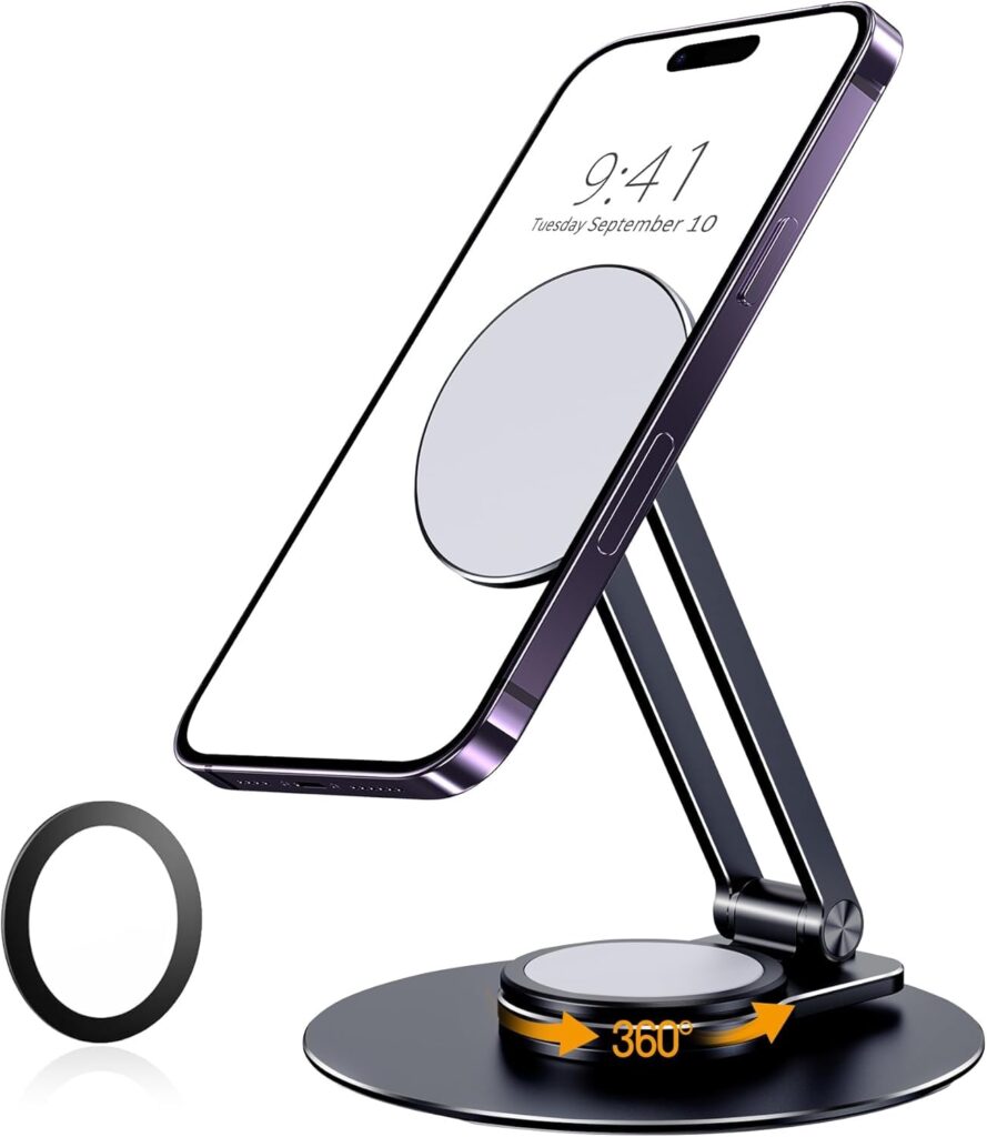 ADOFYS Magnetic Phone Stand for Desk, Aluminum Phone Stand Foldable Adjustable, Cell Phone Stand Holder Compatible with iPhone 16 15 14 13 12 Pro Max and Android Phones