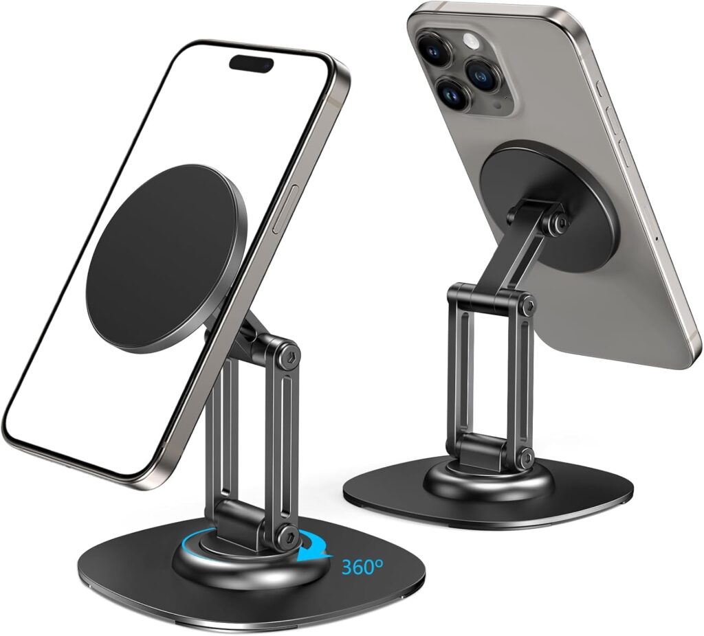 ADOFYS Magnetic Phone Stand for Desk with 360° Rotation, Aluminum Magsafe Phone Stand with Three-Hinge Adjustable & Foldable, Compatible with iPhone 16 15 14 13 12 Series and Android Phones