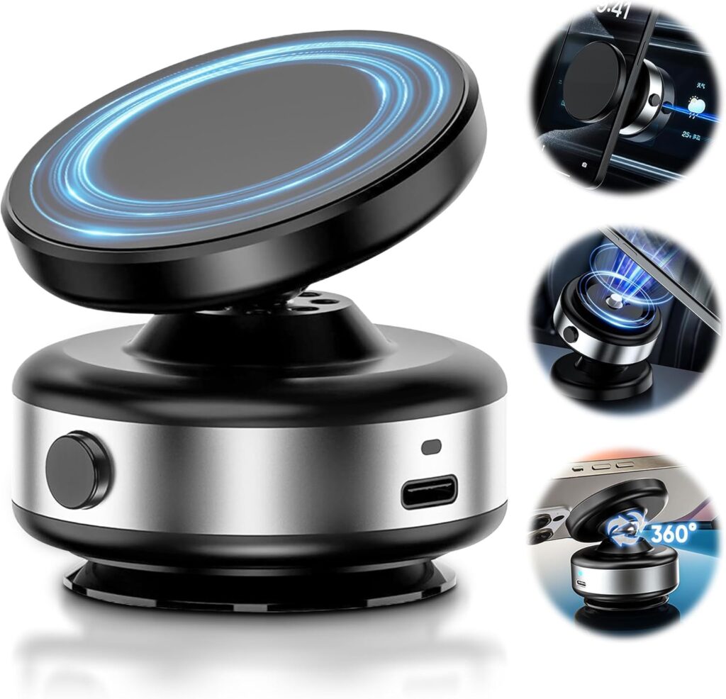 ADOFYS Upgraded 360° Adjustable Electric Vacuum Magnetic Suction Cup Phone Mount, Hands-Free Magnetic Cell Phone Holder for Car/Gym/Mirror/Smooth Surface Compatible with Magsafe iPhone, Silver