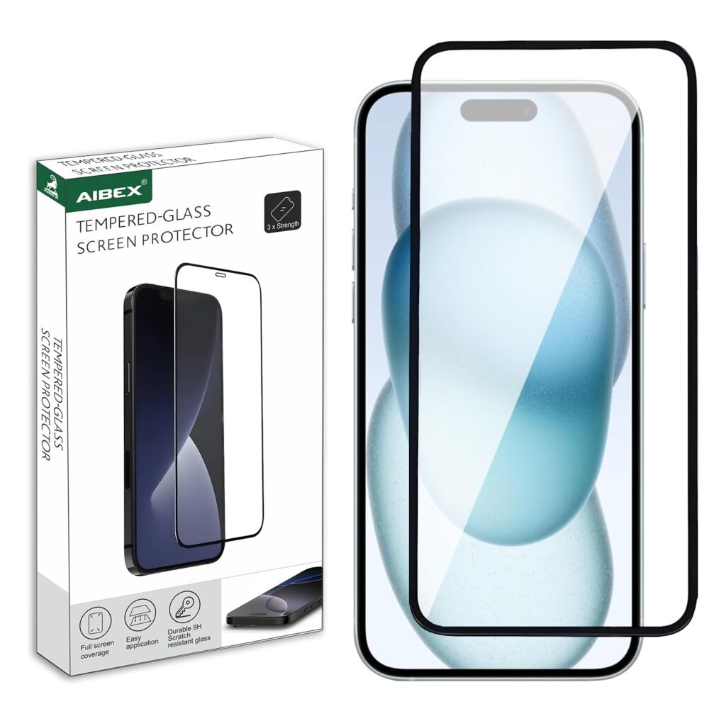 AIBEX Tempered Glass Screen Protector Screen Guard for Apple iPhone 15 Plus/iPhone 16 Plus 9H Hardness Anti Glare Anti Fingerprint Scratch Resistant Water Resistant Edge to Edge Full Coverage HD