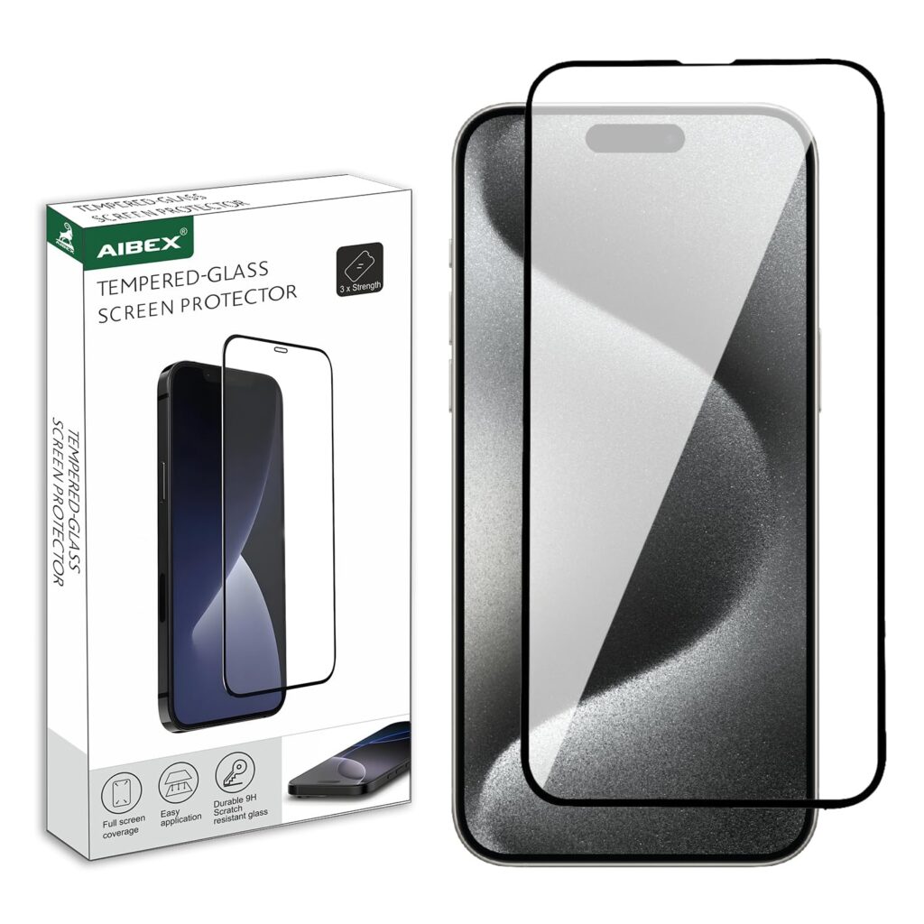 AIBEX Tempered Glass for iPhone 15 Pro Max – 9H Hardness Anti Glare Screen Protector, Anti Fingerprint, Water Resistant, Edge-to-Edge Full Coverage, HD Clarity, Scratch Resistant, Bubble-Free