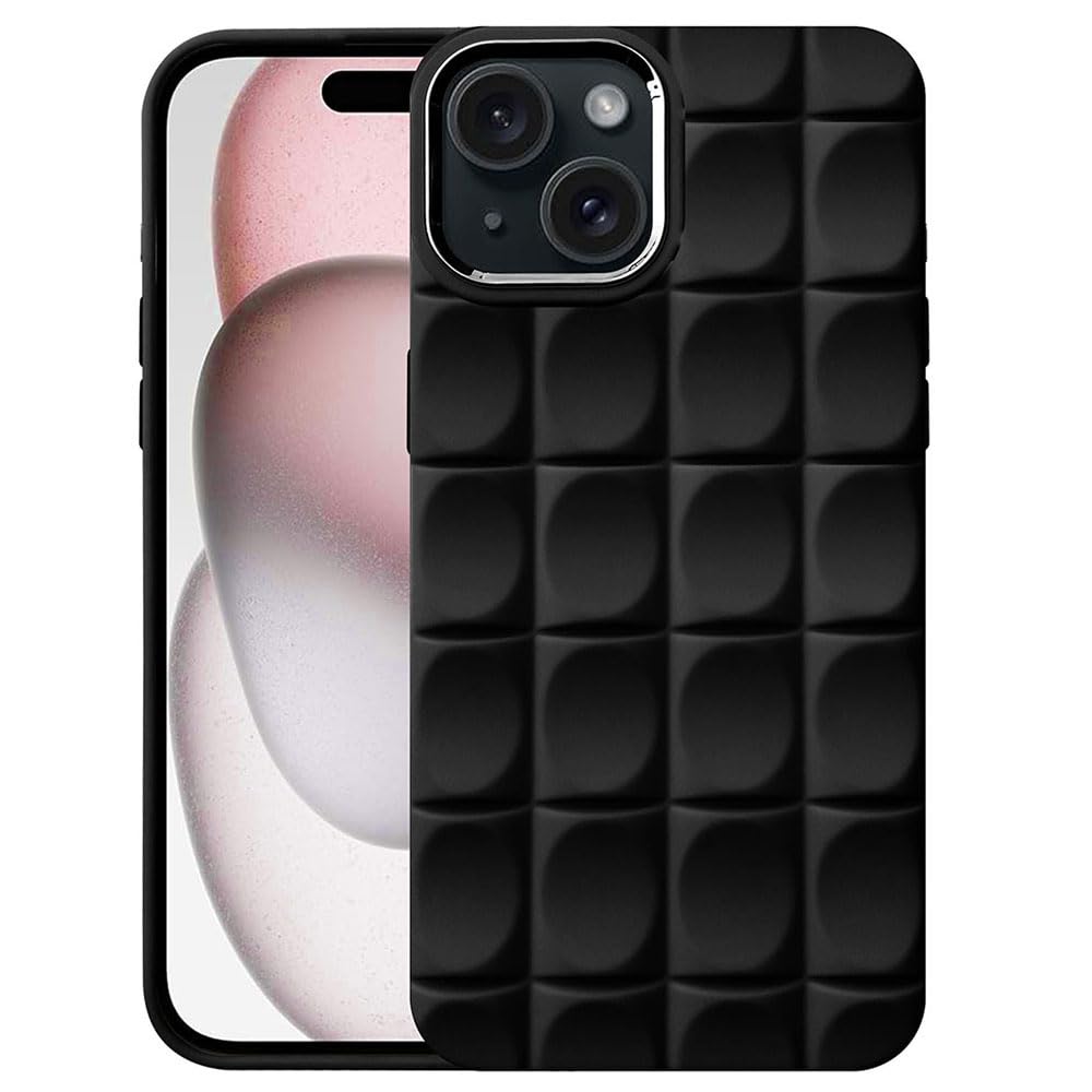 Amazon Brand-Solimo Back Cover for Apple iPhone 15 Plus | Cute 3D Laid Plaid Design | Electroplated Chrome Ring | Camera Protection | Raised Edges | Soft Silicone TPU Case for Women Girls (Black)