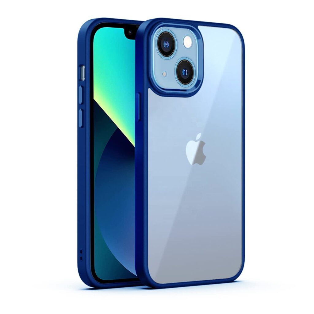 Amazon Brand - Solimo Electroplated Chrome Ring Raised Edges Super Soft Side TPU Bumper Case for iPhone 14 Plus - Blue