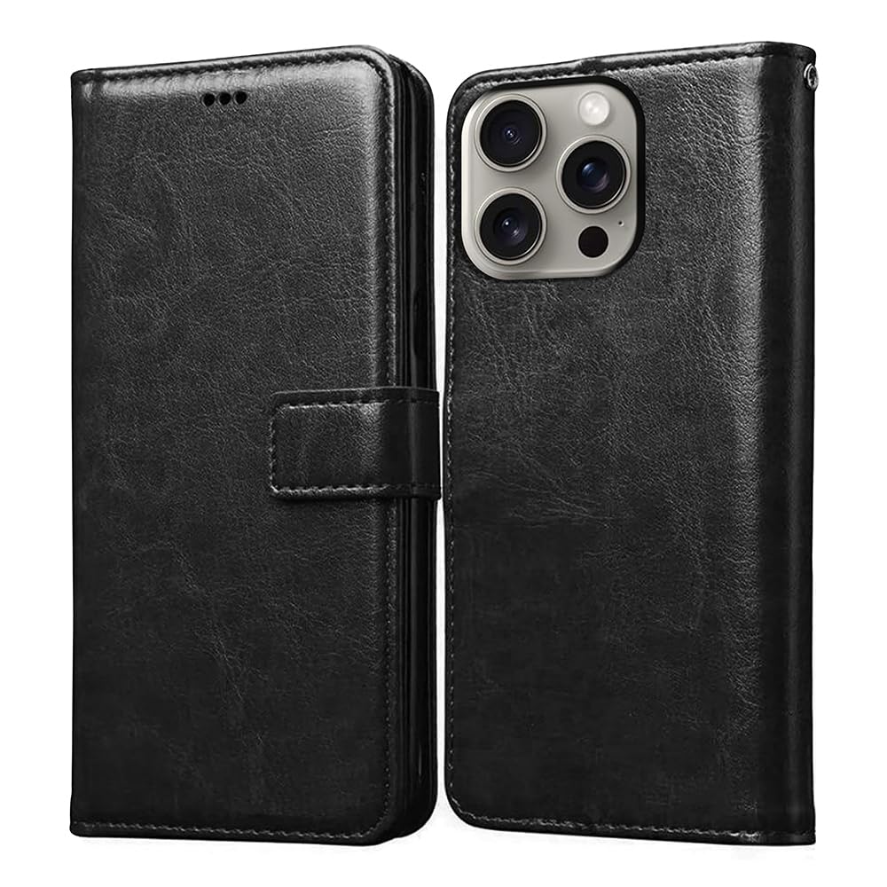 Amazon Brand- Solimo Flip for Apple iPhone 15 Pro Max (Leather_Black)