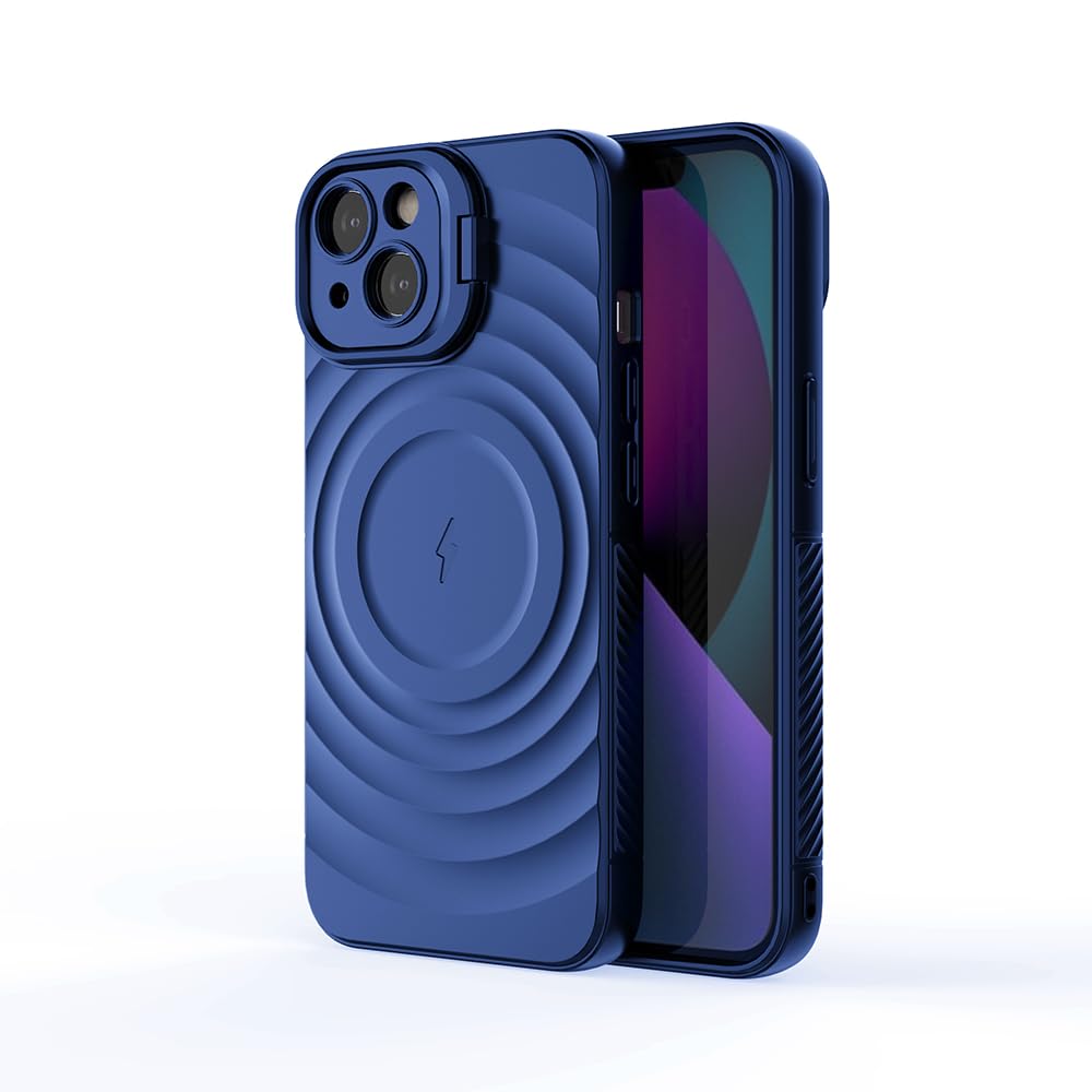 Amazon Brand-Solimo MagSafe Compatible TPU Case for Apple iPhone 13/14 | Shockproof Cover with Camera Ring Stand | Wireless Charging Compatible | Slim & Protective for Apple iPhone 13/14 (Blue)