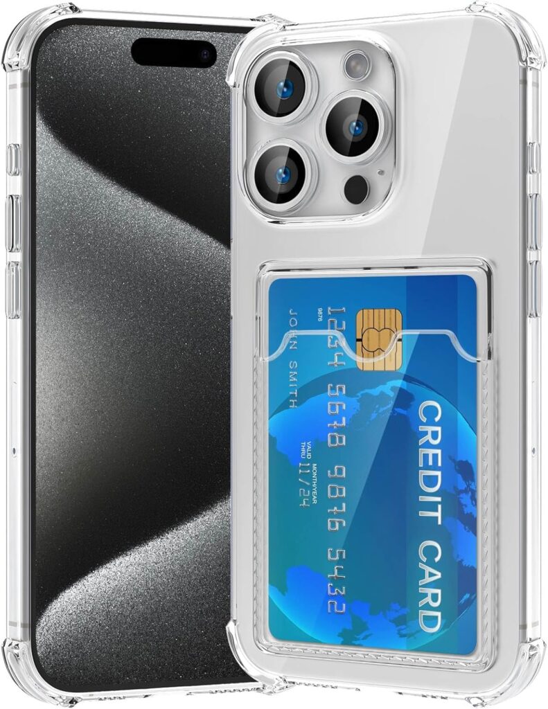 Amazon Brand- Solimo Premium Shockproof Transparent TPU Back Case Cover with Built-in Slim Card Holder Wallet for Apple iPhone 15 Pro - Clear