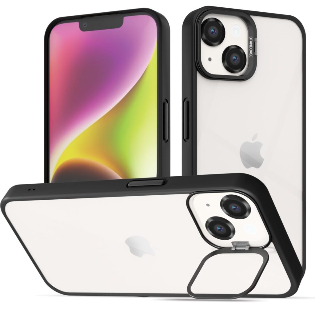 Amazon basics Back Cover for iPhone 14 Bracket Stand Case with Lens Camera Protection Rings Bumper case (Black)