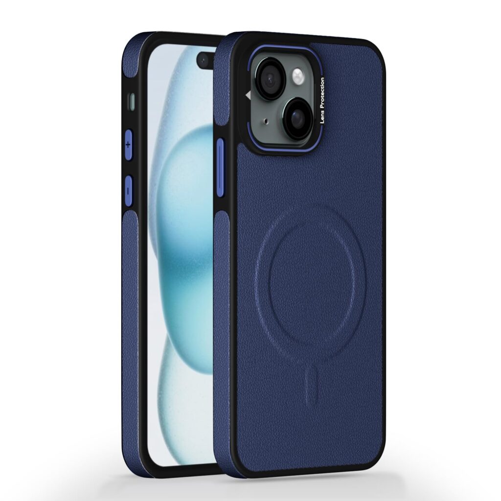 Amazon basics Back Cover for iPhone 15| 360 Protection Case| Pu Leather with Metal Frame Lens Protection Bumper Case(Blue)