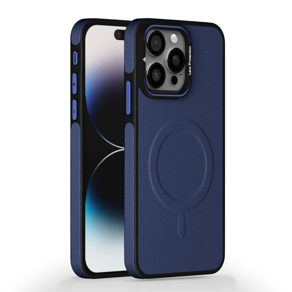 Amazon basics Back Cover for iPhone 15 pro | 360 Protection Case| Pu Leather with Metal Frame Lens Protection Bumper Case(Blue)