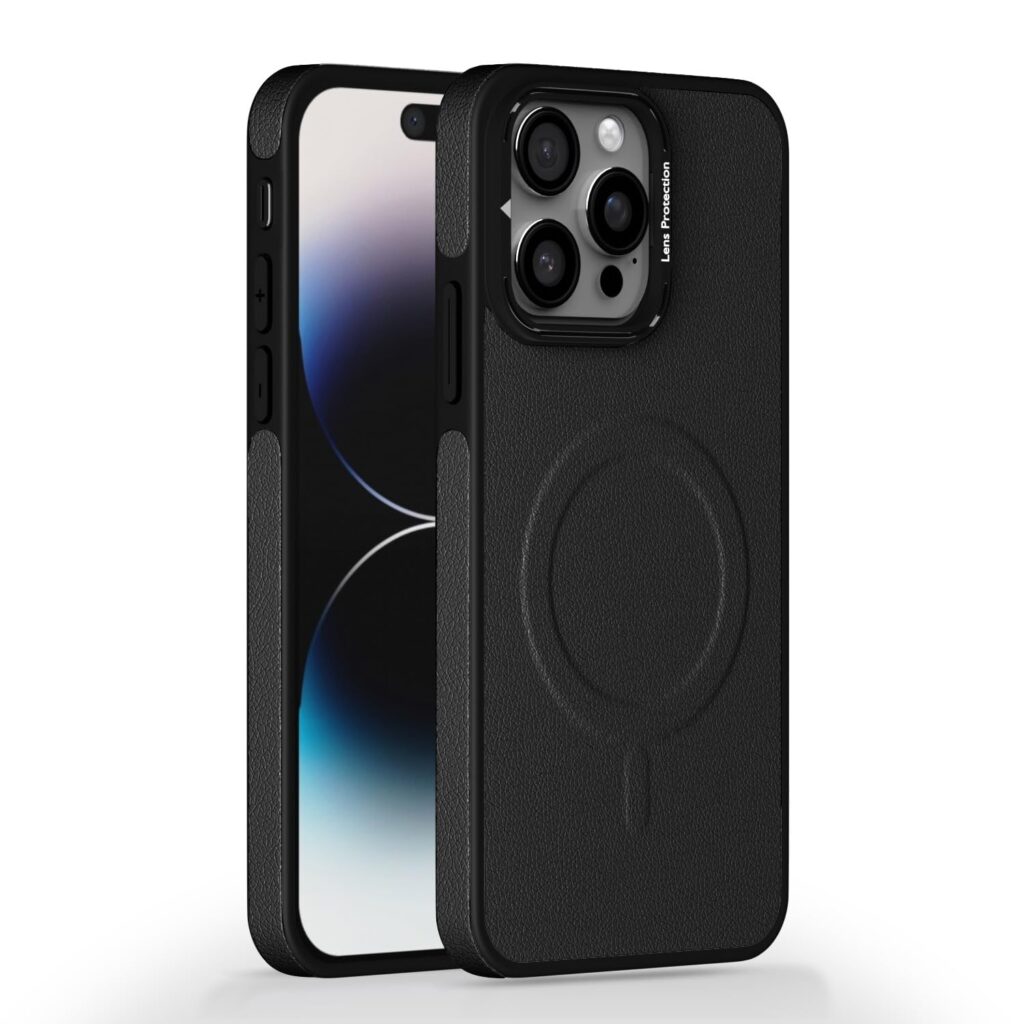 Amazon basics Back Cover for iPhone 15 pro max| 360 Protection Case| Pu Leather with Metal Frame Lens Protection Bumper Case(Black)