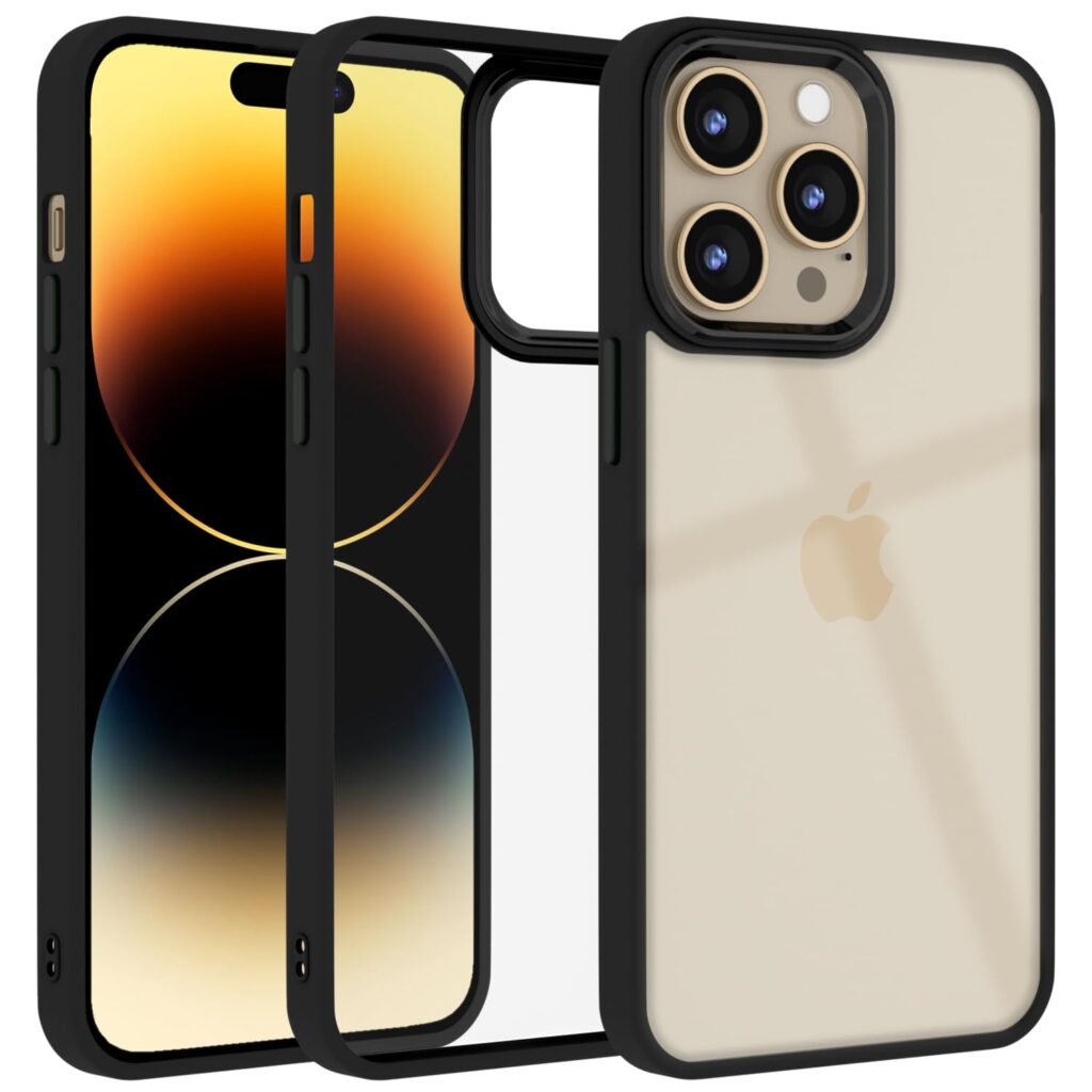 Amazon basics Cover for iPhone 14 Pro Max |Electroplated Crome Metal Ring | Full Camera Protection | Raised Edges | Super Soft Side TPU Bumper Case (Black)