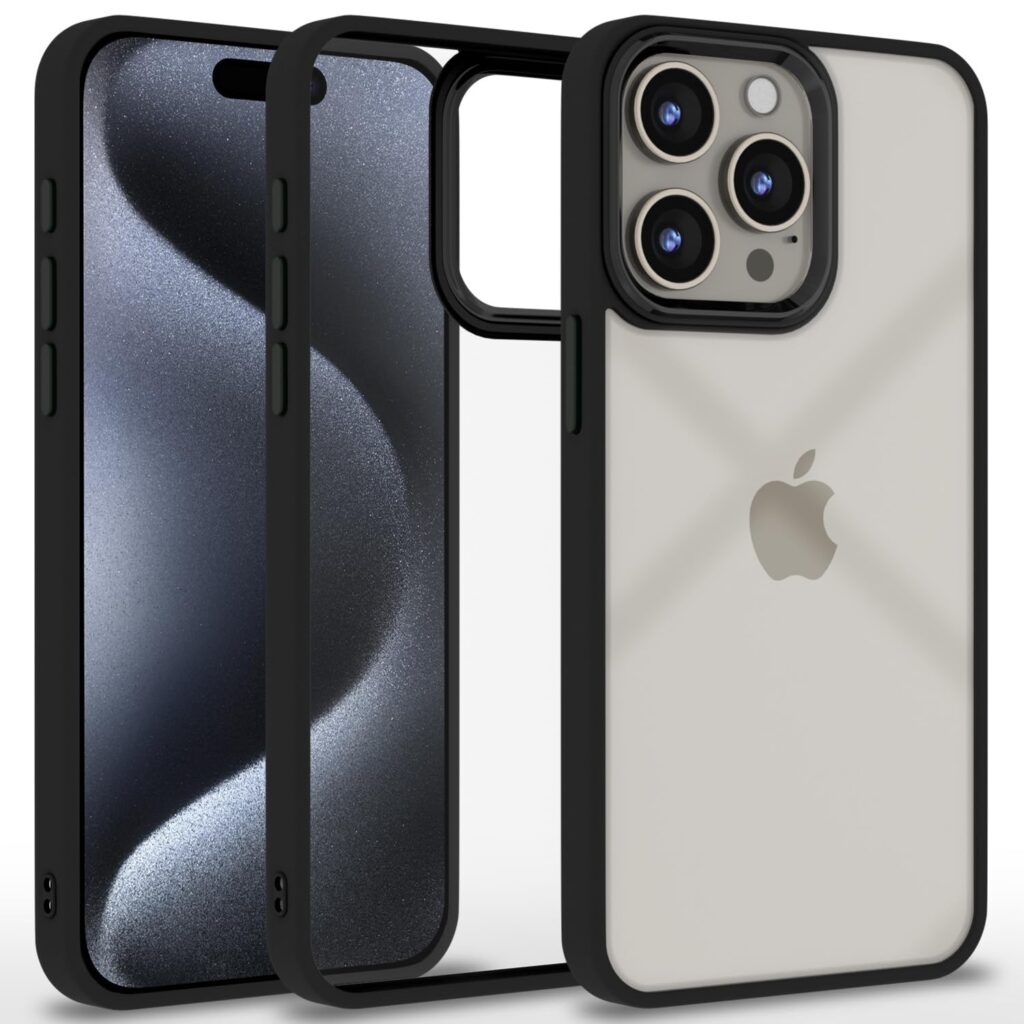 Amazon basics Cover for iPhone 15 Pro |Electroplated Crome Metal Ring | Full Camera Protection | Raised Edges | Super Soft Side TPU Bumper Case (Black)
