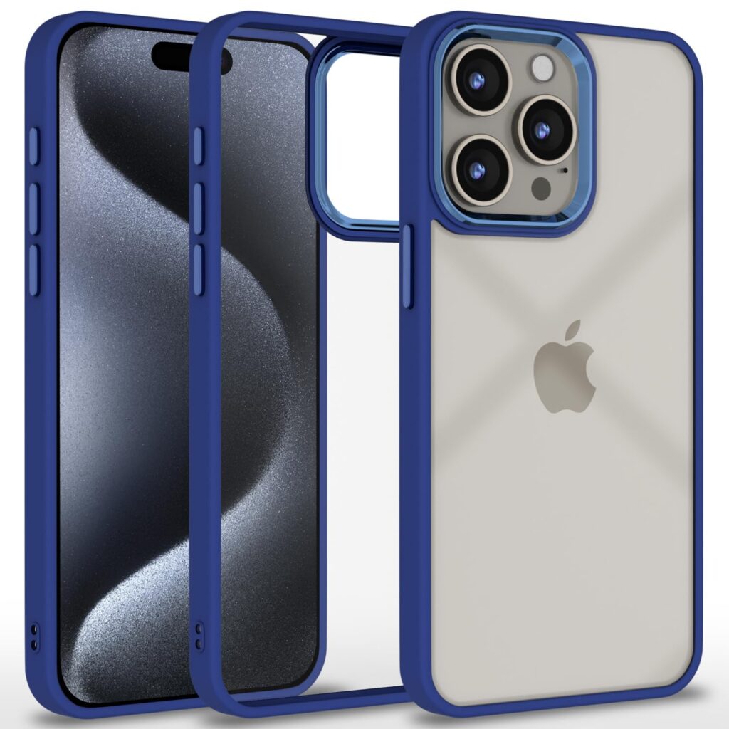 Amazon basics Cover for iPhone 15 Pro Max |Electroplated Crome Metal Ring | Full Camera Protection | Raised Edges | Super Soft Side TPU Bumper Case (Darkblue)
