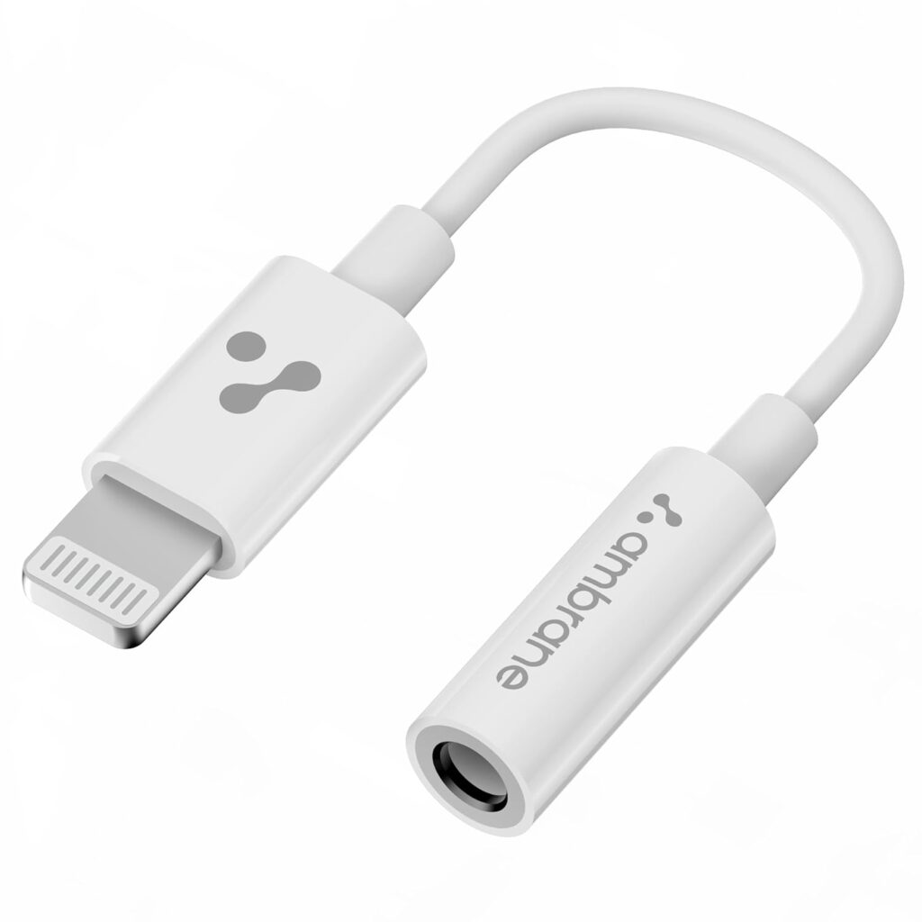 Ambrane Lightning to 3.5mm Audio Earphones Jack Adapter | AUX Cable, Port Converter for iPhone 14, 13, 12, 11, X, XS, 8, 7, 6S, SE, iPod, iPad | Headphone & Car Stereo Connector | White (AOTG-LX1)