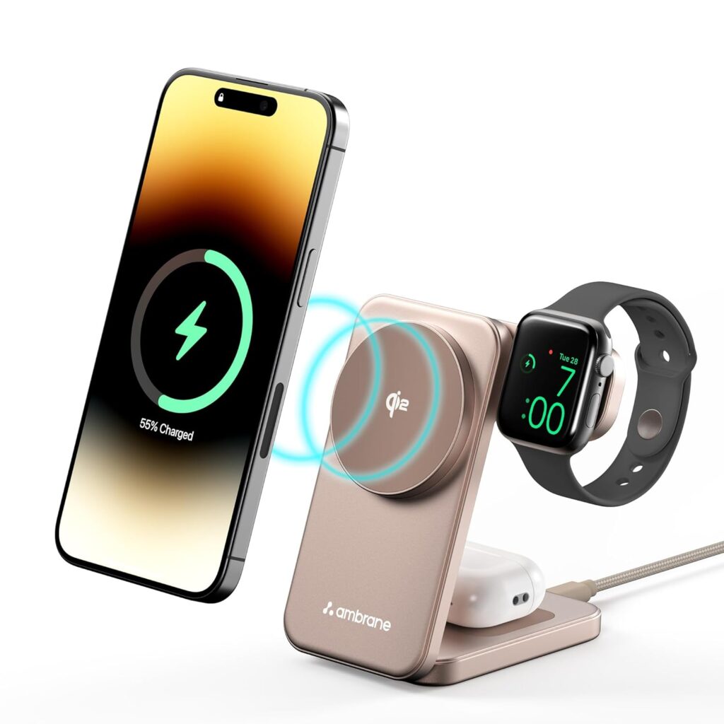 Ambrane Qi2 Magsafe Wireless 3-in-1 Charger for iPhone, Airpods&Apple Watch, Qi2 Certified Fast Charging, Premium&Foldable Design, for iPhone 16/15/14/13/12 Series (AerosynQ Trio 2 Mocha Mousse),Grey