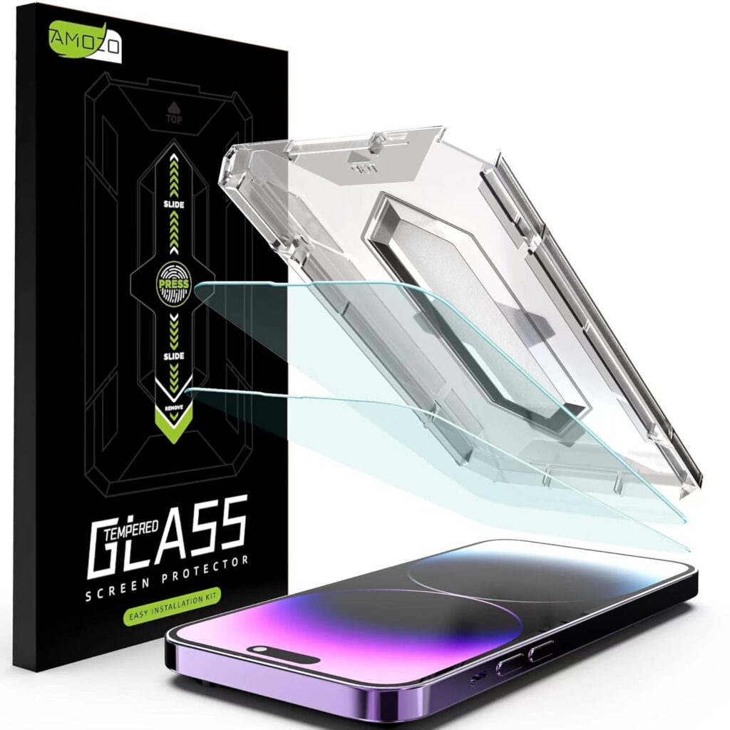 Amozo Easy Fit Tempered Glass Screen Protector Guard for iPhone 15 Pro Edge To Edge Coverage (with easy applicator) - Pack of 2
