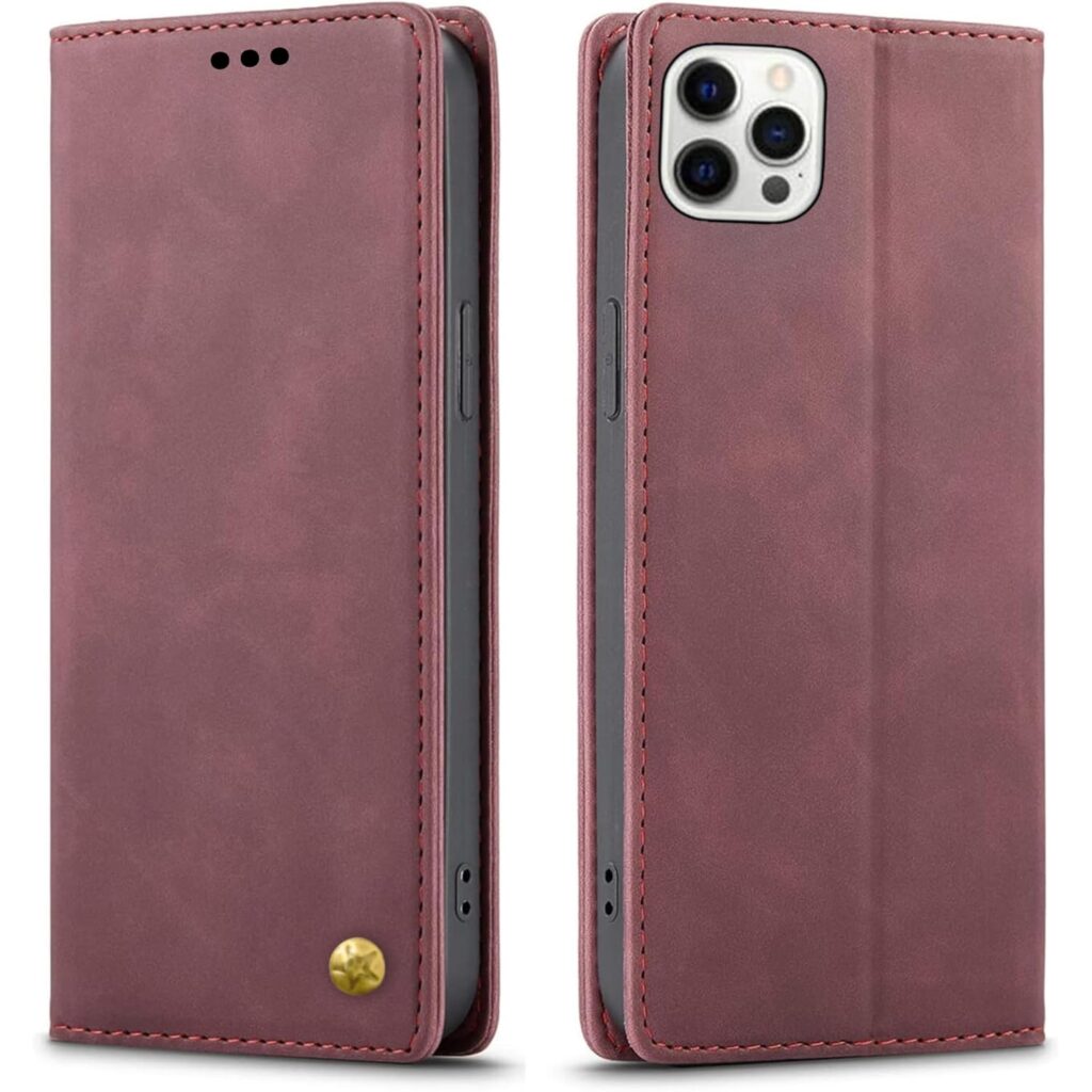 Apple iPhone 15 Pro Max, Genuine Leather Wallet Case with Card Holder, Flip Cover Folio Kickstand Magnetic Phone Back Cover Designed for Apple iPhone 15 Pro Max (Royal Wine)