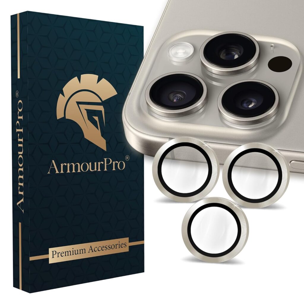 ArmourPro Camera Lens Protectors for iPhone 15 Pro Max and iPhone 15 Pro Tough HD Individual Aluminum Alloy Lens Ring Cover, Scratch Resistant, Thin Tempered Glass| Natural Titanium