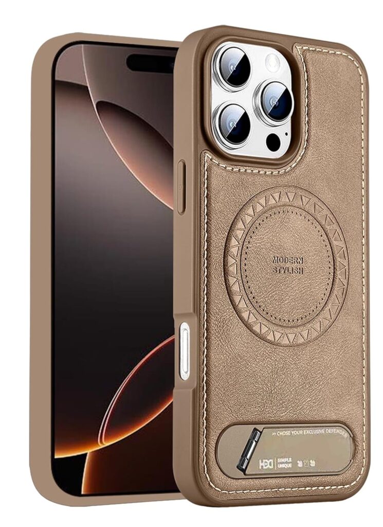 BOUNCEBACK Shockproof Hybrid Back Case/Cover with Kick Stand & Magnetic Charging Support for iPhone 15 Pro Max - (Desert Gold | Faux Leather,Rubber)