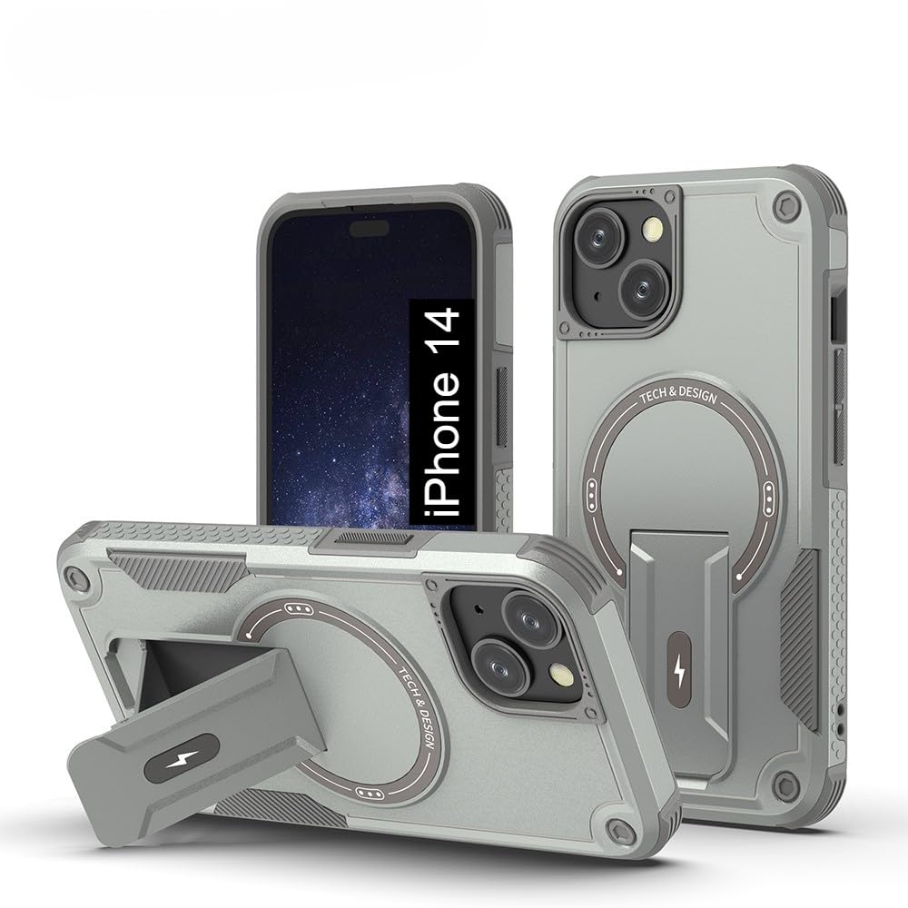 Back Cover for iPhone 14 with Portable Kickstand | Mag-Safe Compatible Magnetic Case | Shockproof Military Grade Protection | Rugged Armor Design Phone Cover – Grey